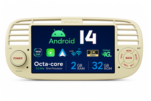 Android 14 Multimedia Navigatie Systeem Fiat 500 2007–2015 | QLED Display | Apple CarPlay & Android Auto audioplay